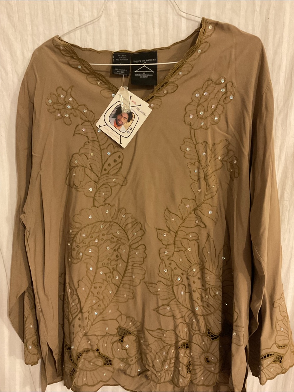 New Shopping with Anthony Embroidered V-Neck Tunic in Taupe gold sequins 1X